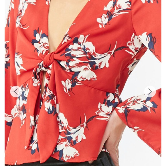 Peach Puff (F21) floral red/rust front-tie top - Picture 4 of 5
